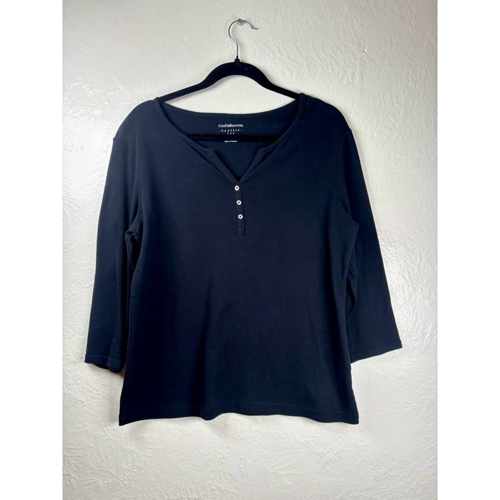 Womens Black 3/4 Sleeve Cotton Henley Shirt Sz L Bella Swan Classic Outdoor